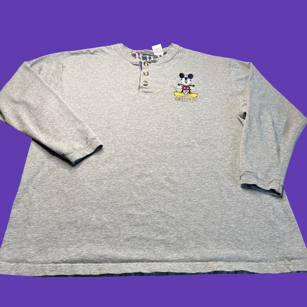 Disney Catalog Mickey Mouse Henley Shirt XL Gray Long Sleeve Embroidered Plaid